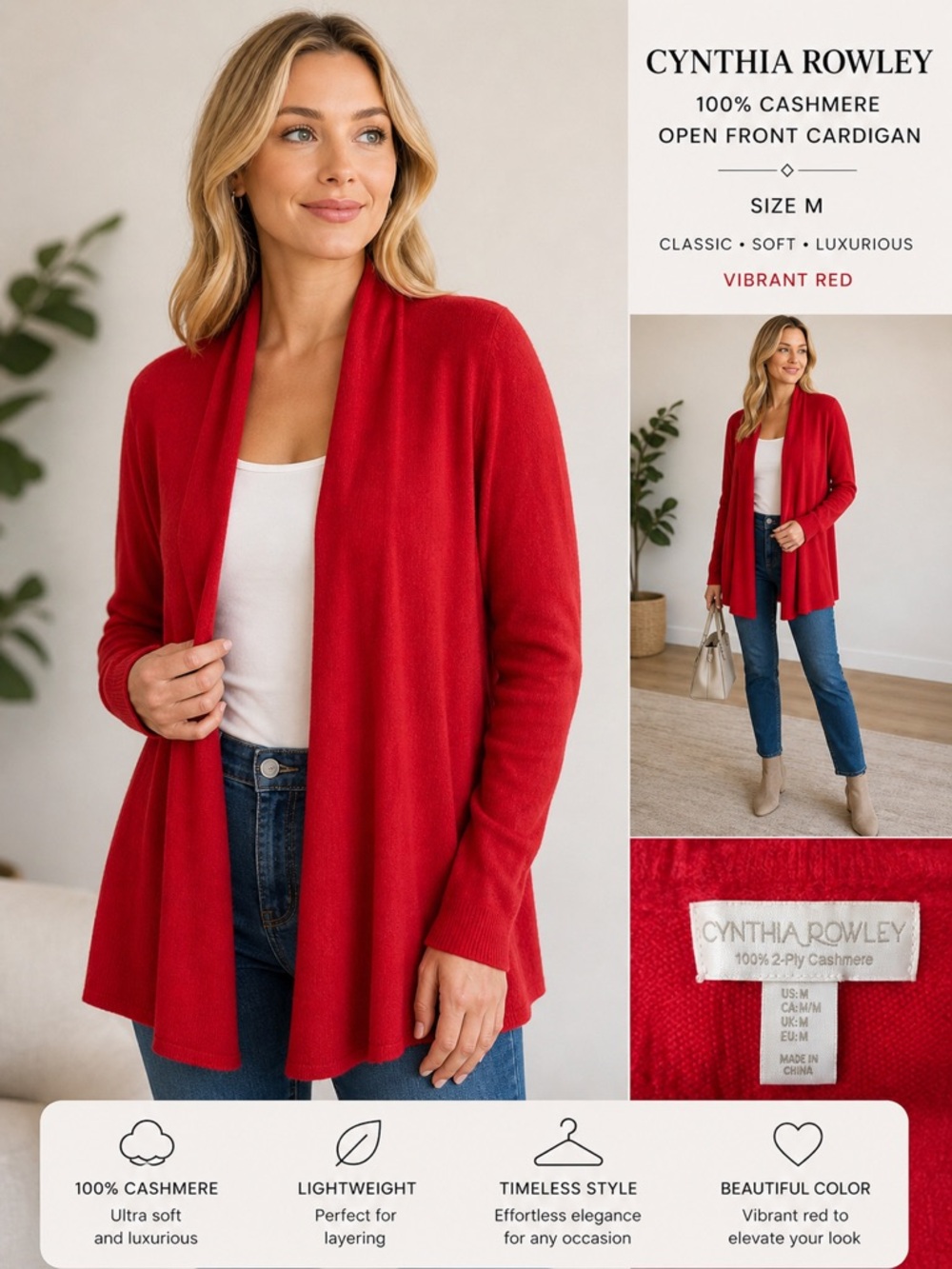 100% cashmere Cynthia Rowley Vibrant Red Cashmere Open Front Cardigan